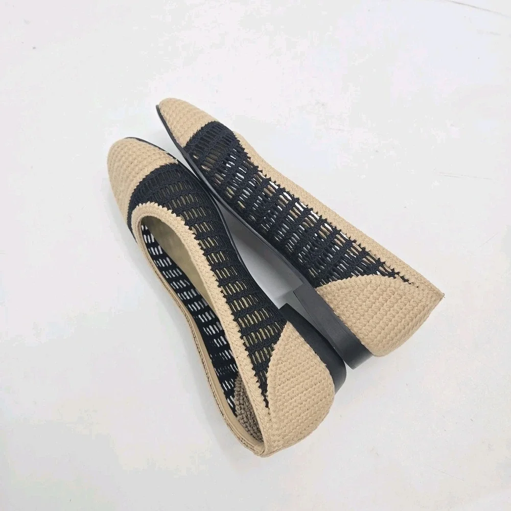 Chanel Ballet Flats Women's Size 41 / US 10 Raffia Mesh Cap Toe Beige Black